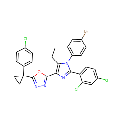 CCc1c(-c2nnc(C3(c4ccc(Cl)cc4)CC3)o2)nc(-c2ccc(Cl)cc2Cl)n1-c1ccc(Br)cc1 ZINC000044405273