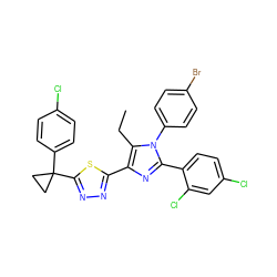 CCc1c(-c2nnc(C3(c4ccc(Cl)cc4)CC3)s2)nc(-c2ccc(Cl)cc2Cl)n1-c1ccc(Br)cc1 ZINC000049908013