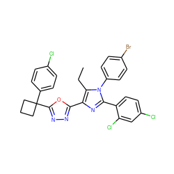 CCc1c(-c2nnc(C3(c4ccc(Cl)cc4)CCC3)o2)nc(-c2ccc(Cl)cc2Cl)n1-c1ccc(Br)cc1 ZINC000049850782