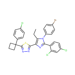 CCc1c(-c2nnc(C3(c4ccc(Cl)cc4)CCC3)s2)nc(-c2ccc(Cl)cc2Cl)n1-c1ccc(Br)cc1 ZINC000049902769