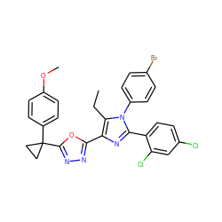 CCc1c(-c2nnc(C3(c4ccc(OC)cc4)CC3)o2)nc(-c2ccc(Cl)cc2Cl)n1-c1ccc(Br)cc1 ZINC000044388037