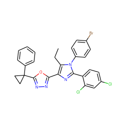 CCc1c(-c2nnc(C3(c4ccccc4)CC3)o2)nc(-c2ccc(Cl)cc2Cl)n1-c1ccc(Br)cc1 ZINC000042876903