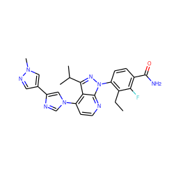 CCc1c(-n2nc(C(C)C)c3c(-n4cnc(-c5cnn(C)c5)c4)ccnc32)ccc(C(N)=O)c1F ZINC000169703533