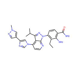 CCc1c(-n2nc(C(C)C)c3c(-n4cnc(-c5cnn(C)c5)c4)ccnc32)ccc(C(N)=O)c1N ZINC000169703536