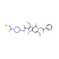 CCc1c(C(=O)NC2CCN(C(=O)CO)CC2)n(C)c2cc(CC)n(CC(=O)c3ccccc3)c(=O)c12 ZINC000095558638