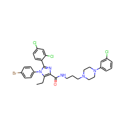 CCc1c(C(=O)NCCCN2CCN(c3cccc(Cl)c3)CC2)nc(-c2ccc(Cl)cc2Cl)n1-c1ccc(Br)cc1 ZINC000164252254