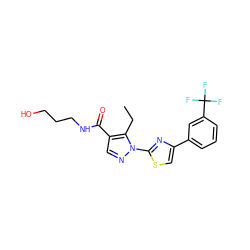 CCc1c(C(=O)NCCCO)cnn1-c1nc(-c2cccc(C(F)(F)F)c2)cs1 ZINC000013602527