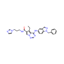 CCc1c(C(=O)NCCCn2ccnc2)cn2ncnc(Nc3ccc4c(cnn4Cc4ccccc4)c3)c12 ZINC000014954098