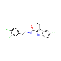 CCc1c(C(=O)NCCc2ccc(Cl)c(Cl)c2)[nH]c2ccc(Cl)cc12 ZINC000299858908