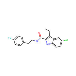 CCc1c(C(=O)NCCc2ccc(F)cc2)[nH]c2ccc(Cl)cc12 ZINC000084671683