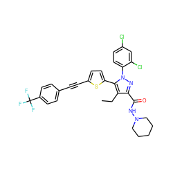 CCc1c(C(=O)NN2CCCCC2)nn(-c2ccc(Cl)cc2Cl)c1-c1ccc(C#Cc2ccc(C(F)(F)F)cc2)s1 ZINC000142546838