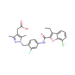 CCc1c(C(=O)Nc2ccc(Cn3nc(C)c(CC(=O)O)c3C)c(F)c2)oc2c(Cl)cccc12 ZINC000169703201