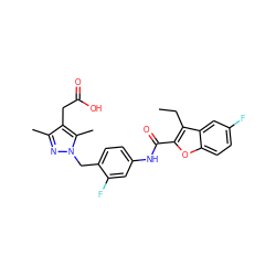 CCc1c(C(=O)Nc2ccc(Cn3nc(C)c(CC(=O)O)c3C)c(F)c2)oc2ccc(F)cc12 ZINC000169703210