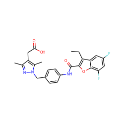 CCc1c(C(=O)Nc2ccc(Cn3nc(C)c(CC(=O)O)c3C)cc2)oc2c(F)cc(F)cc12 ZINC000169703198