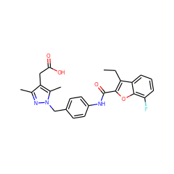 CCc1c(C(=O)Nc2ccc(Cn3nc(C)c(CC(=O)O)c3C)cc2)oc2c(F)cccc12 ZINC000169703197