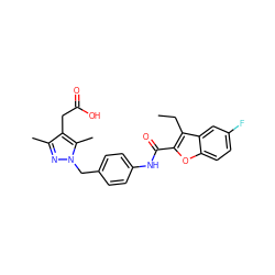 CCc1c(C(=O)Nc2ccc(Cn3nc(C)c(CC(=O)O)c3C)cc2)oc2ccc(F)cc12 ZINC000144852487