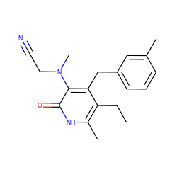 CCc1c(C)[nH]c(=O)c(N(C)CC#N)c1Cc1cccc(C)c1 ZINC000028117384