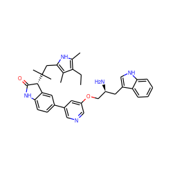 CCc1c(C)[nH]c(CC(C)(C)[C@H]2C(=O)Nc3ccc(-c4cncc(OC[C@@H](N)Cc5c[nH]c6ccccc56)c4)cc32)c1C ZINC000034803853