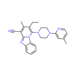 CCc1c(C)c(C#N)c2nc3ccccc3n2c1N1CCN(c2cc(C)ccn2)CC1 ZINC000004869552