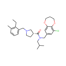 CCc1c(C)cccc1CN1CC[C@@H](C(=O)N(Cc2cc(Cl)c3c(c2)OCCCO3)CC(C)C)C1 ZINC000114100748