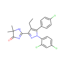 CCc1c(C2=NC(=O)C(C)(C)N2)nn(-c2ccc(Cl)cc2Cl)c1-c1ccc(Cl)cc1 ZINC000040424995