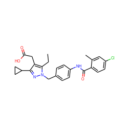 CCc1c(CC(=O)O)c(C2CC2)nn1Cc1ccc(NC(=O)c2ccc(Cl)cc2C)cc1 ZINC000168903526