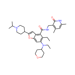 CCc1c(N(CC)C2CCOCC2)cc2oc(C3CCN(C(C)C)CC3)cc2c1C(=O)NCc1c(C)cc(C)[nH]c1=O ZINC001623300327