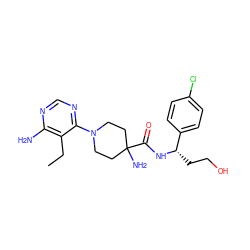 CCc1c(N)ncnc1N1CCC(N)(C(=O)N[C@@H](CCO)c2ccc(Cl)cc2)CC1 ZINC000219317477