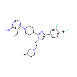 CCc1c(N)ncnc1N1CCC(c2nc(-c3ccc(C(F)(F)F)c(F)c3)cn2CCN2CC[C@@H](F)C2)CC1 ZINC000219751267