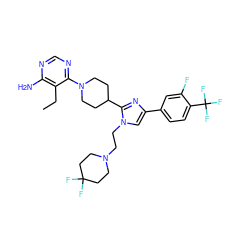 CCc1c(N)ncnc1N1CCC(c2nc(-c3ccc(C(F)(F)F)c(F)c3)cn2CCN2CCC(F)(F)CC2)CC1 ZINC000219780500