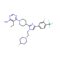 CCc1c(N)ncnc1N1CCC(c2nc(-c3ccc(C(F)(F)F)c(F)c3)cn2CCN2CCC(F)CC2)CC1 ZINC000219740840