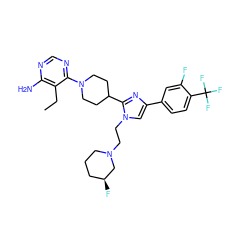 CCc1c(N)ncnc1N1CCC(c2nc(-c3ccc(C(F)(F)F)c(F)c3)cn2CCN2CCC[C@H](F)C2)CC1 ZINC000219780702