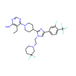 CCc1c(N)ncnc1N1CCC(c2nc(-c3ccc(C(F)(F)F)c(F)c3)cn2CCN2CCCC(F)(F)C2)CC1 ZINC000219751368