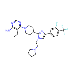 CCc1c(N)ncnc1N1CCC(c2nc(-c3ccc(C(F)(F)F)c(F)c3)cn2CCN2CCCC2)CC1 ZINC001772588588