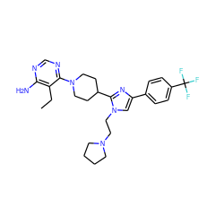 CCc1c(N)ncnc1N1CCC(c2nc(-c3ccc(C(F)(F)F)cc3)cn2CCN2CCCC2)CC1 ZINC000219735039