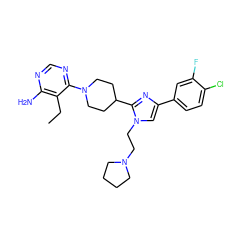 CCc1c(N)ncnc1N1CCC(c2nc(-c3ccc(Cl)c(F)c3)cn2CCN2CCCC2)CC1 ZINC000219781104