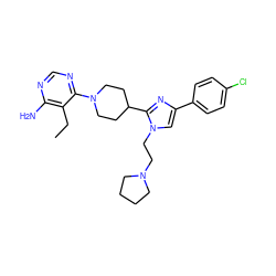 CCc1c(N)ncnc1N1CCC(c2nc(-c3ccc(Cl)cc3)cn2CCN2CCCC2)CC1 ZINC000219748474