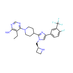 CCc1c(N)ncnc1N1CCC(c2nc(-c3ccc(F)c(C(F)(F)F)c3)cn2C[C@@H]2CCN2)CC1 ZINC000219774980