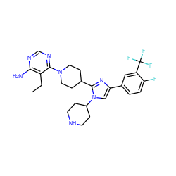 CCc1c(N)ncnc1N1CCC(c2nc(-c3ccc(F)c(C(F)(F)F)c3)cn2C2CCNCC2)CC1 ZINC000206948912