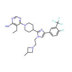 CCc1c(N)ncnc1N1CCC(c2nc(-c3ccc(F)c(C(F)(F)F)c3)cn2CCN2CC(C)C2)CC1 ZINC000219777884