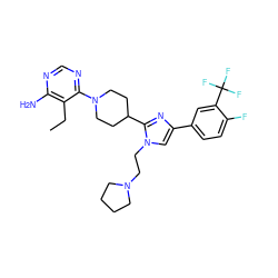 CCc1c(N)ncnc1N1CCC(c2nc(-c3ccc(F)c(C(F)(F)F)c3)cn2CCN2CCCC2)CC1 ZINC000219738008