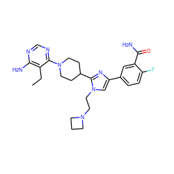 CCc1c(N)ncnc1N1CCC(c2nc(-c3ccc(F)c(C(N)=O)c3)cn2CCN2CCC2)CC1 ZINC000218703941