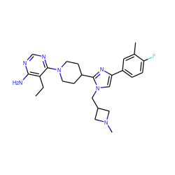 CCc1c(N)ncnc1N1CCC(c2nc(-c3ccc(F)c(C)c3)cn2CC2CN(C)C2)CC1 ZINC000219771428