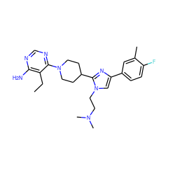 CCc1c(N)ncnc1N1CCC(c2nc(-c3ccc(F)c(C)c3)cn2CCN(C)C)CC1 ZINC000219783219