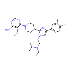 CCc1c(N)ncnc1N1CCC(c2nc(-c3ccc(F)c(C)c3)cn2CCN(CC)C(C)C)CC1 ZINC000219783432