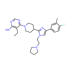 CCc1c(N)ncnc1N1CCC(c2nc(-c3ccc(F)c(C)c3)cn2CCN2CCCC2)CC1 ZINC001772602165