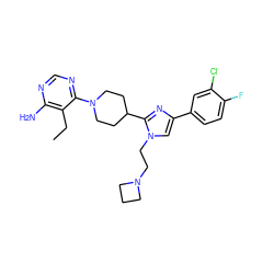 CCc1c(N)ncnc1N1CCC(c2nc(-c3ccc(F)c(Cl)c3)cn2CCN2CCC2)CC1 ZINC001772597878