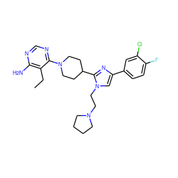 CCc1c(N)ncnc1N1CCC(c2nc(-c3ccc(F)c(Cl)c3)cn2CCN2CCCC2)CC1 ZINC001772585459