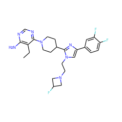 CCc1c(N)ncnc1N1CCC(c2nc(-c3ccc(F)c(F)c3)cn2CCN2CC(F)C2)CC1 ZINC000219775242