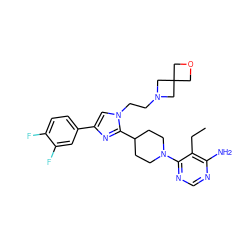 CCc1c(N)ncnc1N1CCC(c2nc(-c3ccc(F)c(F)c3)cn2CCN2CC3(COC3)C2)CC1 ZINC000219780299